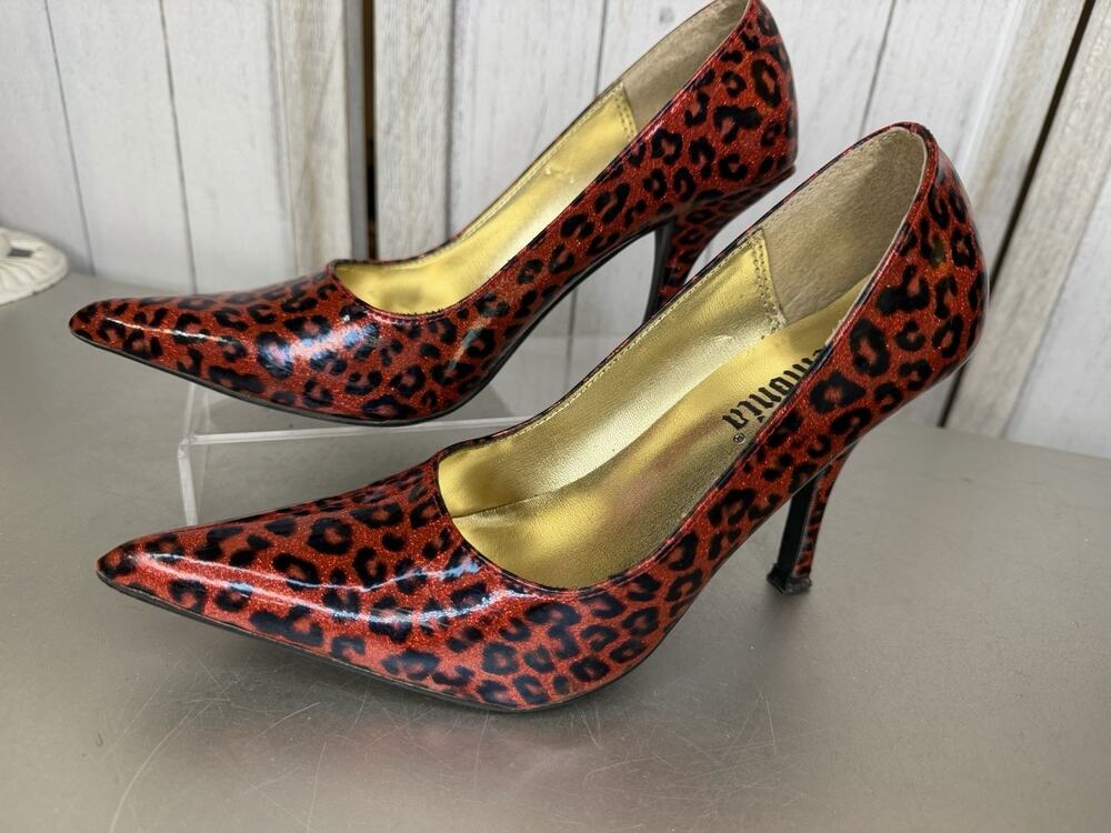 Demonia Red Black Cheetah Heels Sparkle Animal Print Patent Faux Leather Sz 7